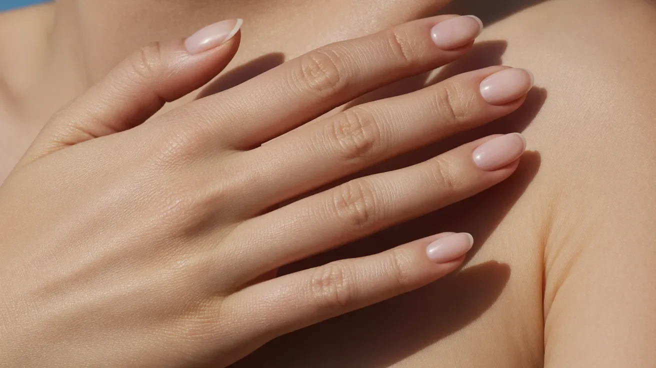 A close-up of a woman's hands showcasing a neat nude manicure on her well-groomed nails.