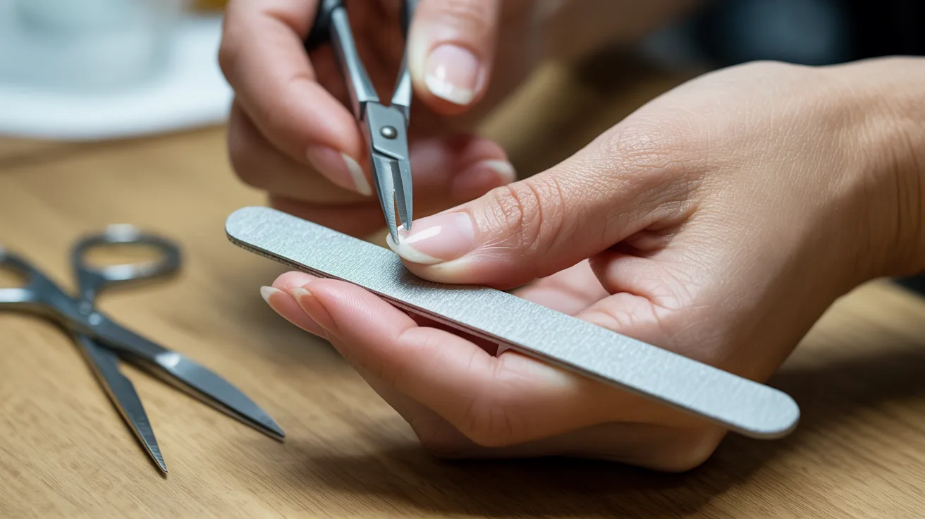 A person using scissors to cut a fingernail, focusing on precision and care in the grooming process.