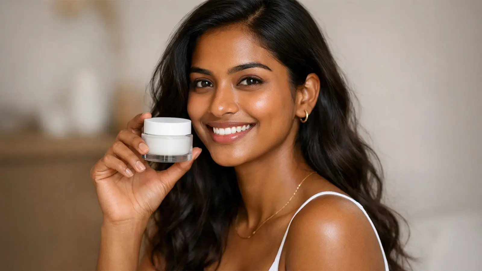 A woman holding a jar of skin care cream, smiling and showcasing the product in her hand.