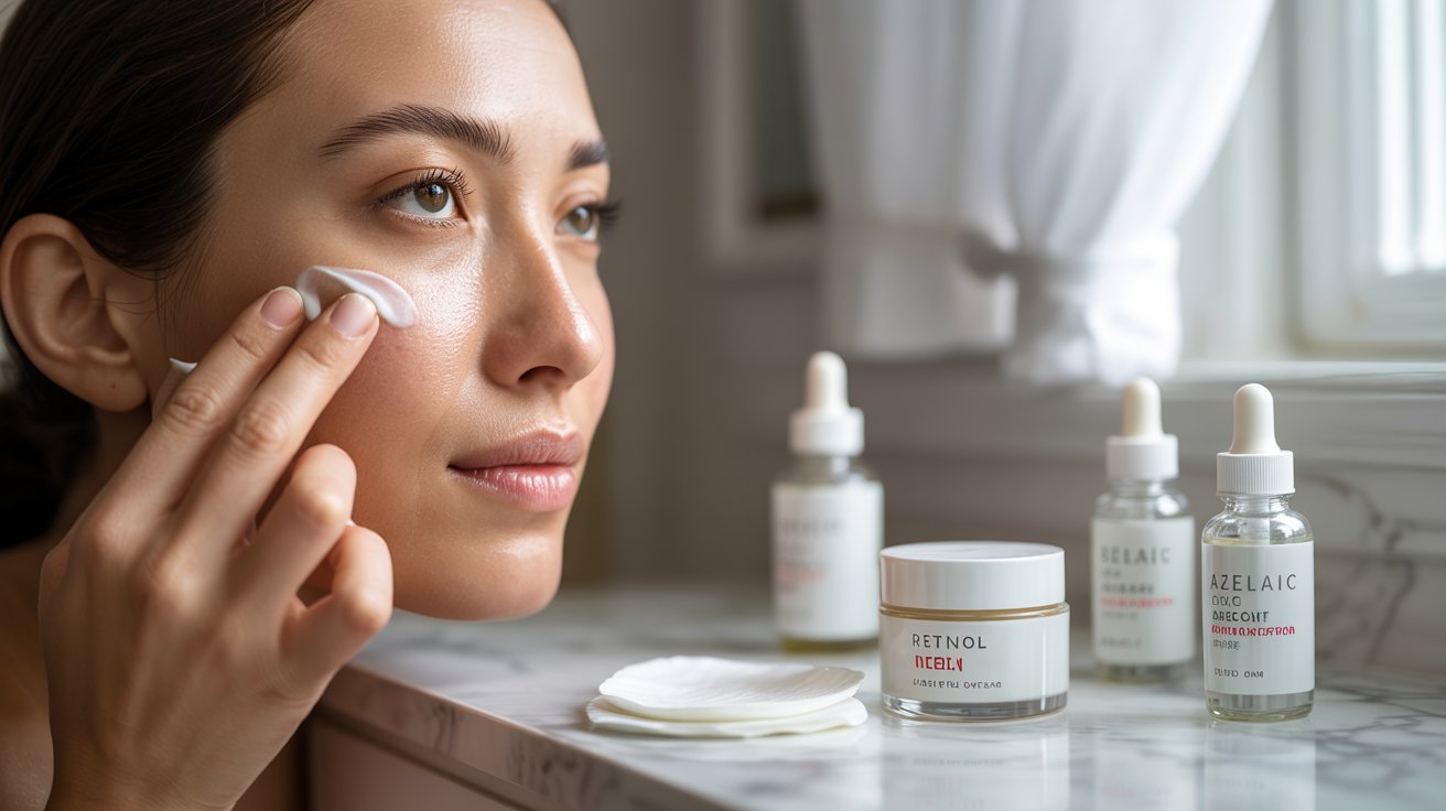 A woman applies skin care products to her face, focusing on her skincare routine in a well-lit bathroom setting.