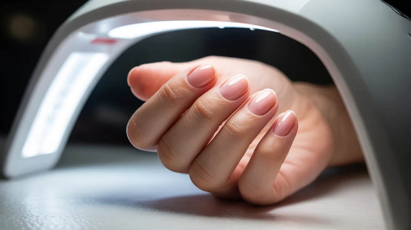 A woman's hand holds a nail lamp, illuminating her nails for drying after a manicure.