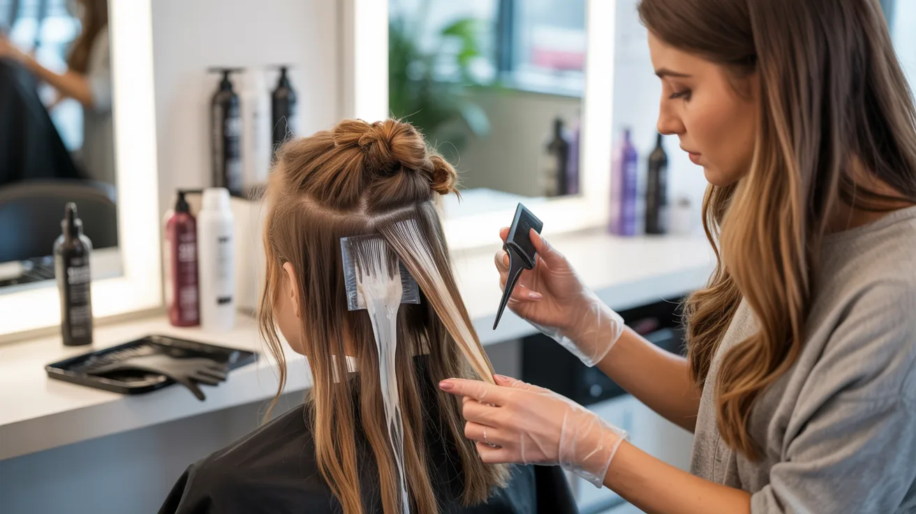 A woman sits in a salon chair while a hairdresser trims her hair.