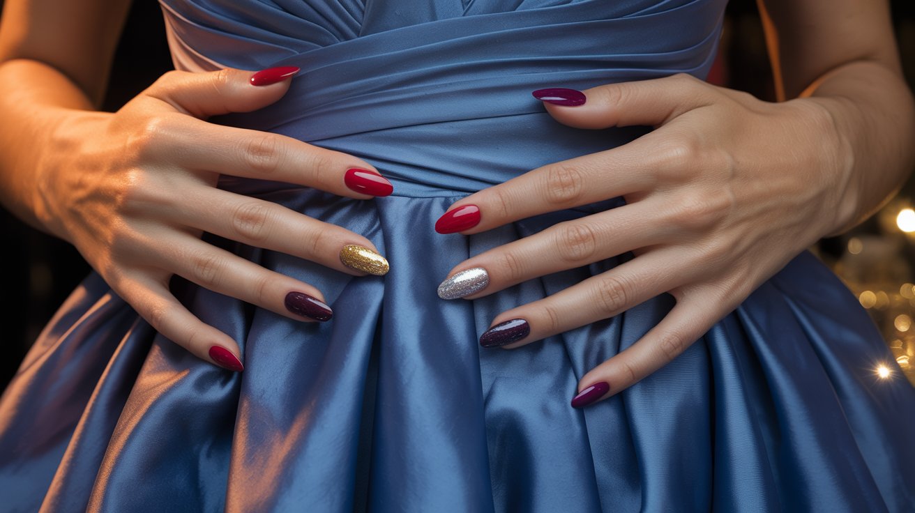 A woman wearing a blue dress, showcasing her red and blue manicured nails.