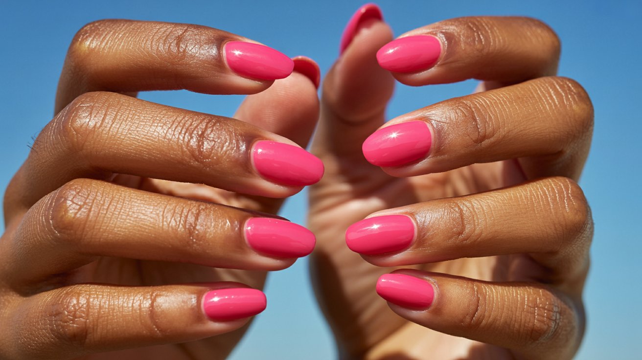 A close-up of a woman's hands showcasing bright pink nails against a neutral background.