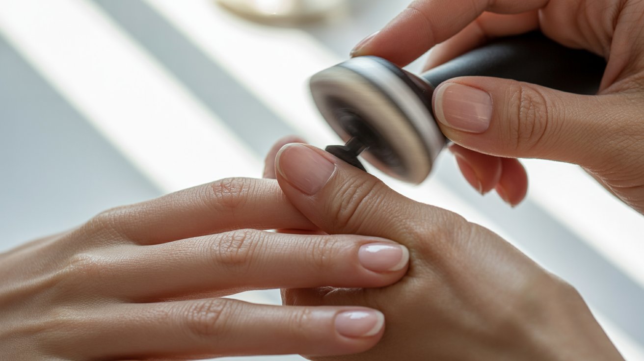 A person gently files their fingernail with a nail file, focusing on maintaining its shape and smoothness.