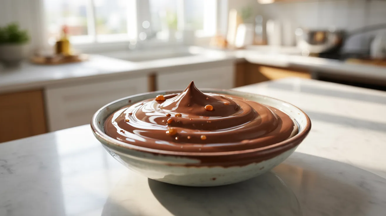 A bowl of chocolate pudding sits on a kitchen counter, showcasing its rich, creamy texture.