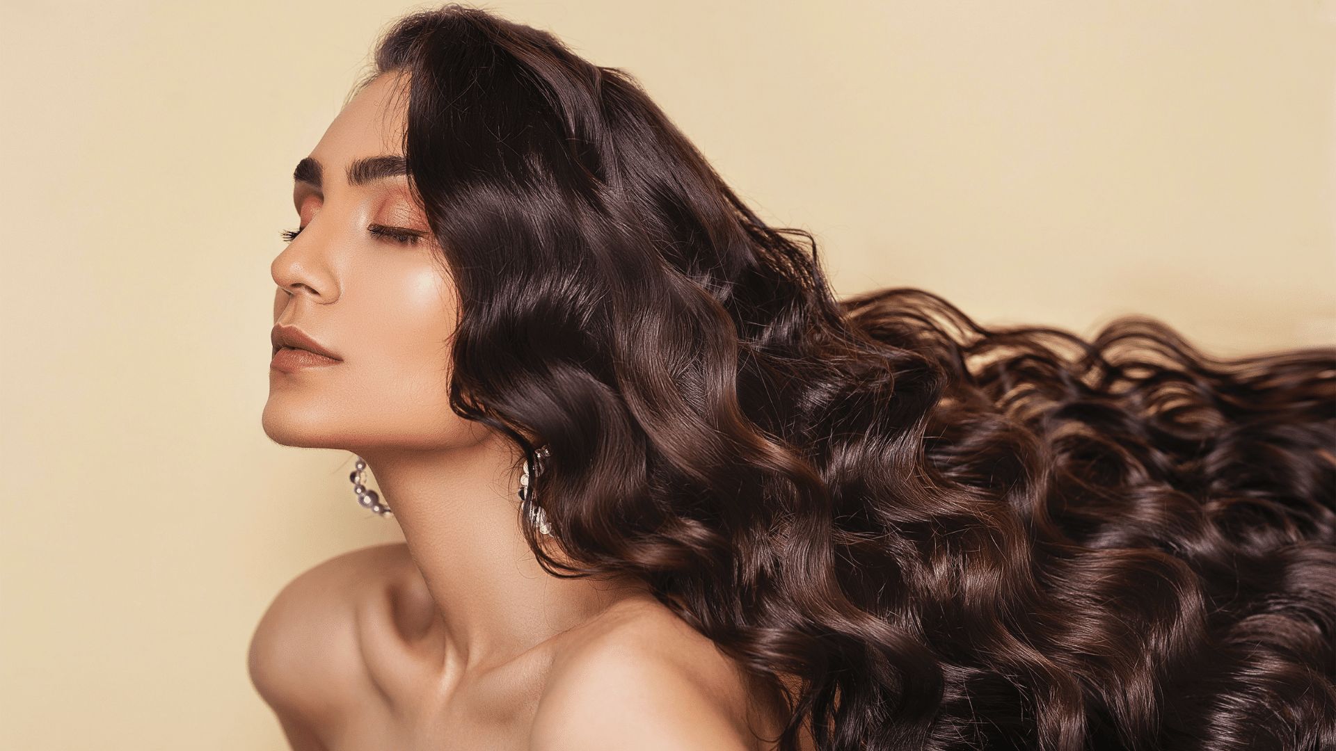 A woman with long, curly hair smiles softly, showcasing her natural hairstyle and confident demeanor.