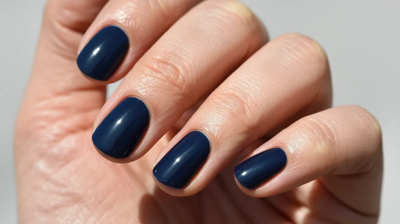 A close-up of a woman's hand displaying dark blue nail polish on her fingernails.