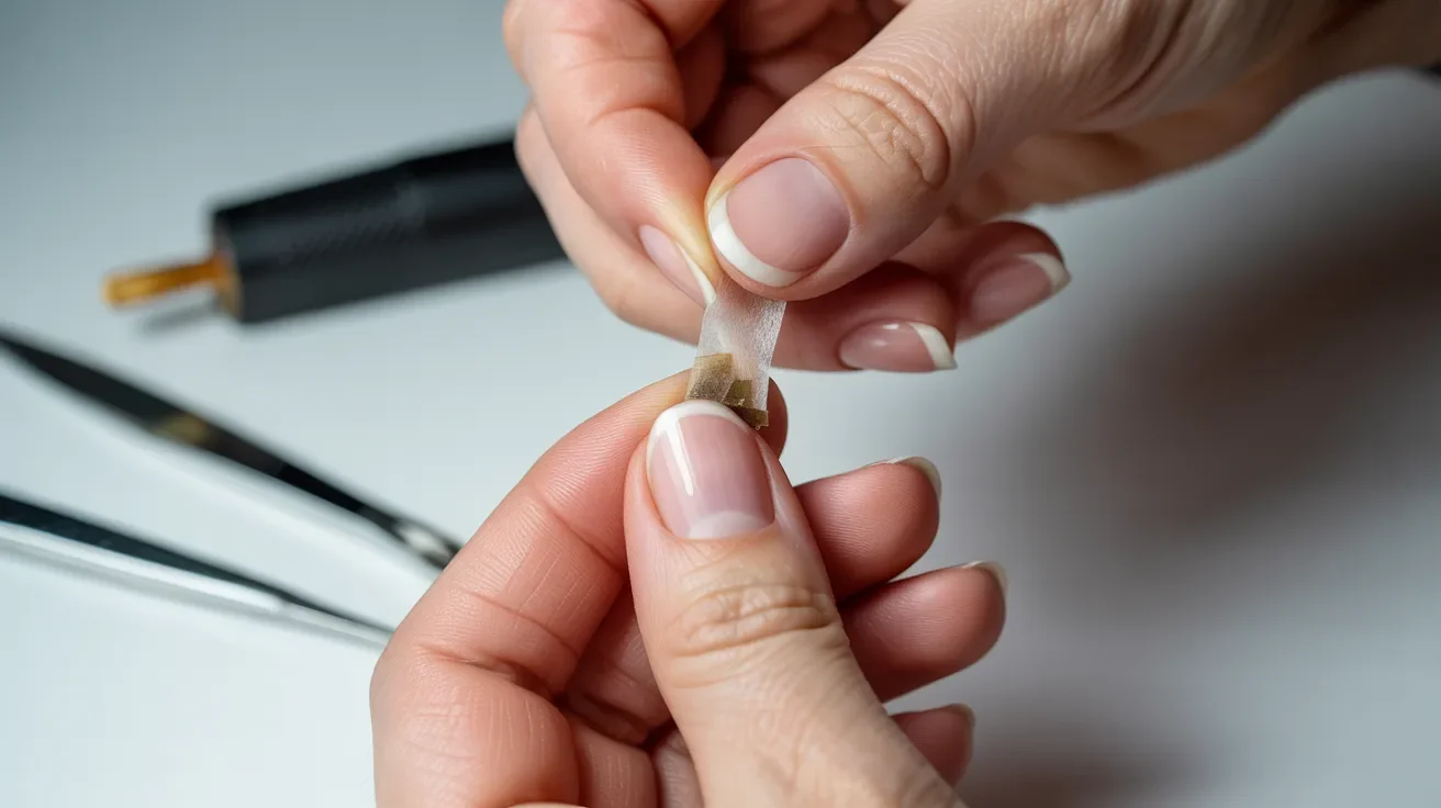A person is carefully cutting a piece of nail polish with scissors, focusing on precision and detail.