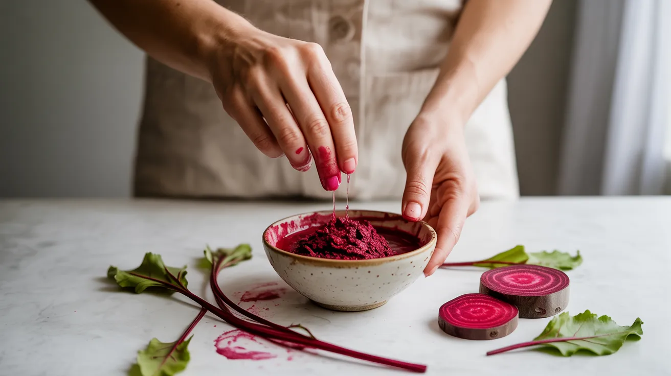 A woman mixes beetroot powder into a bowl, preparing ingredients for a recipe.