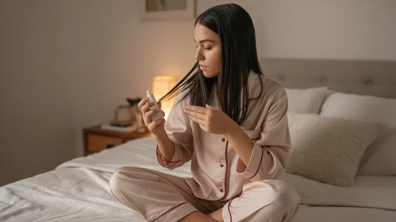 A woman in pajamas sits on a bed, looking at her phone with a relaxed expression.