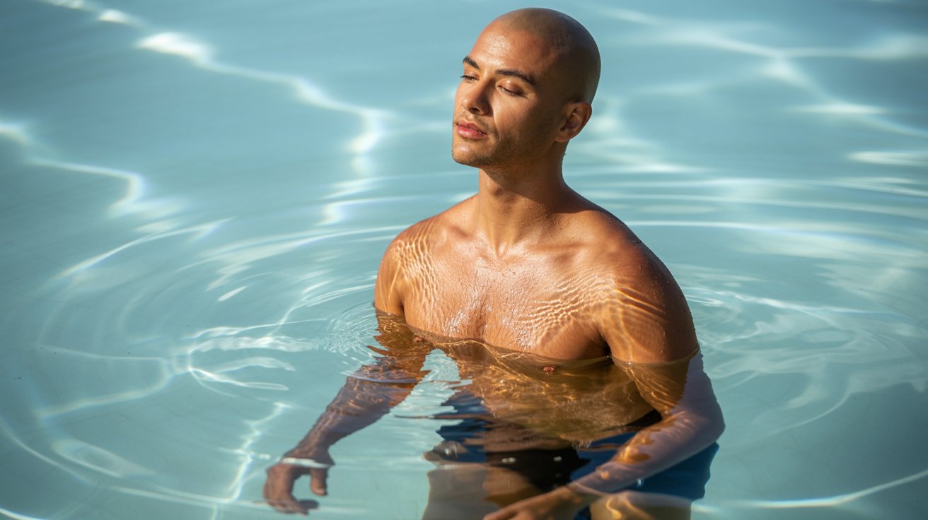 A man with closed eyes is floating in the water, appearing relaxed and serene.