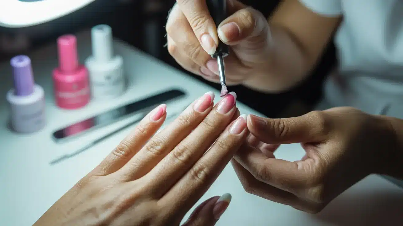 A woman is having her nails painted with bright nail polish at a salon, focusing on her hands and the nail technician's work.