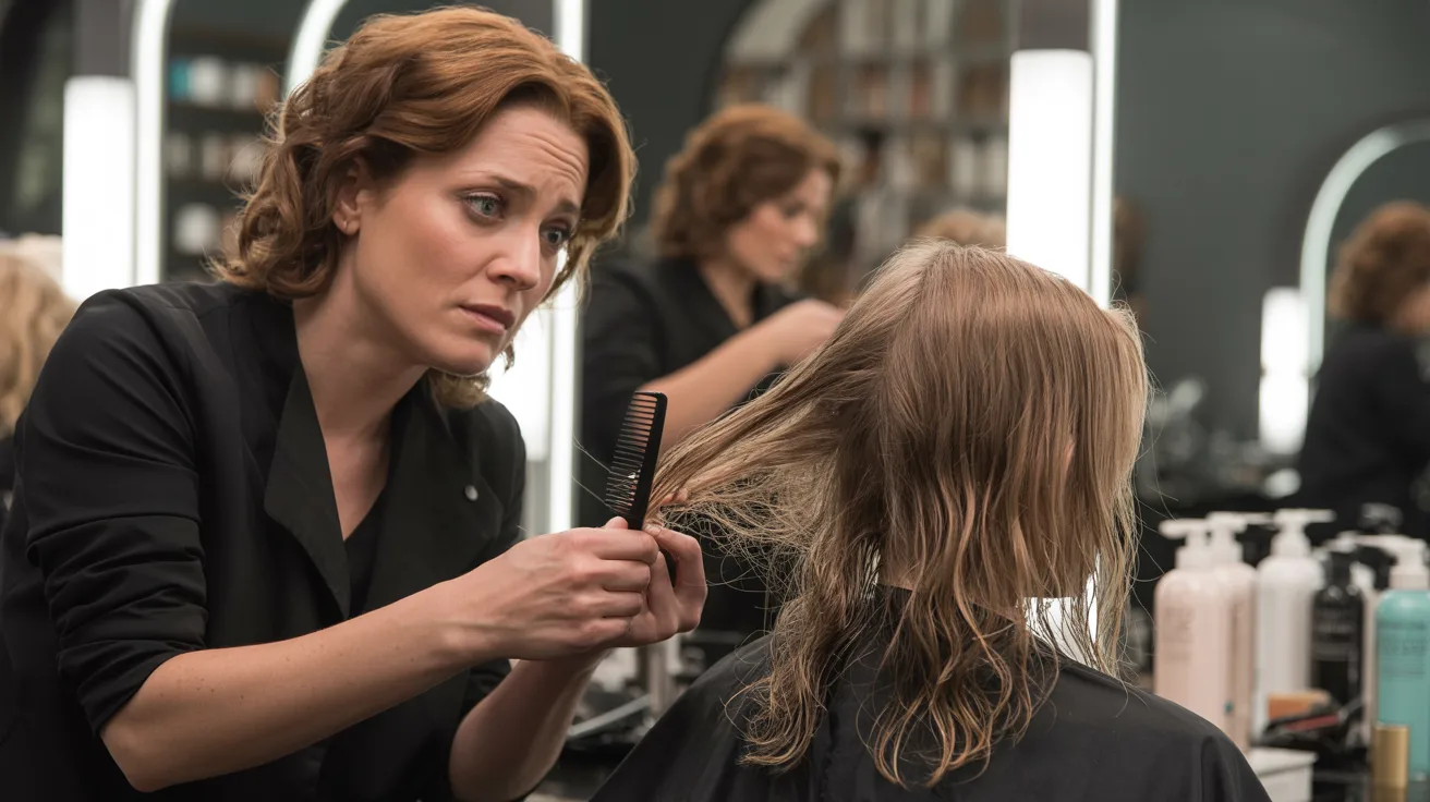 A woman sits in a salon chair as a hairdresser trims her hair.