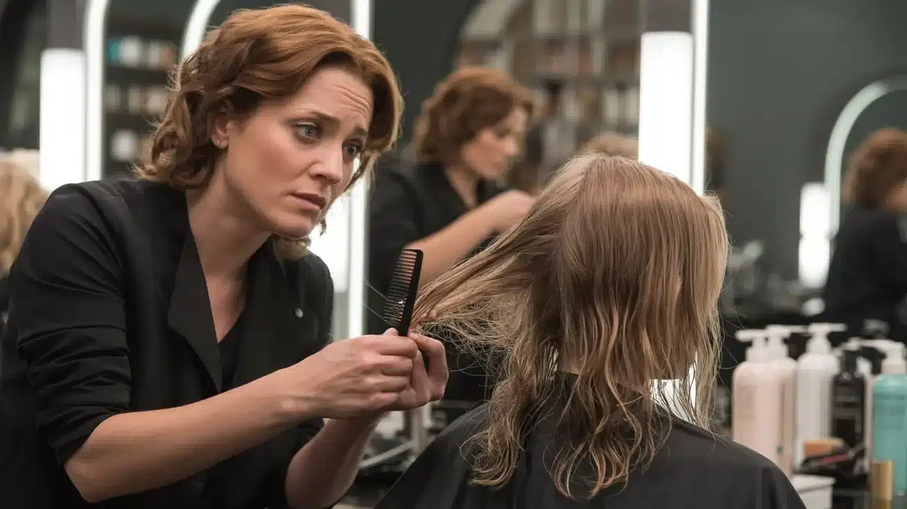 A woman sits in a salon chair as a hairdresser trims her hair.