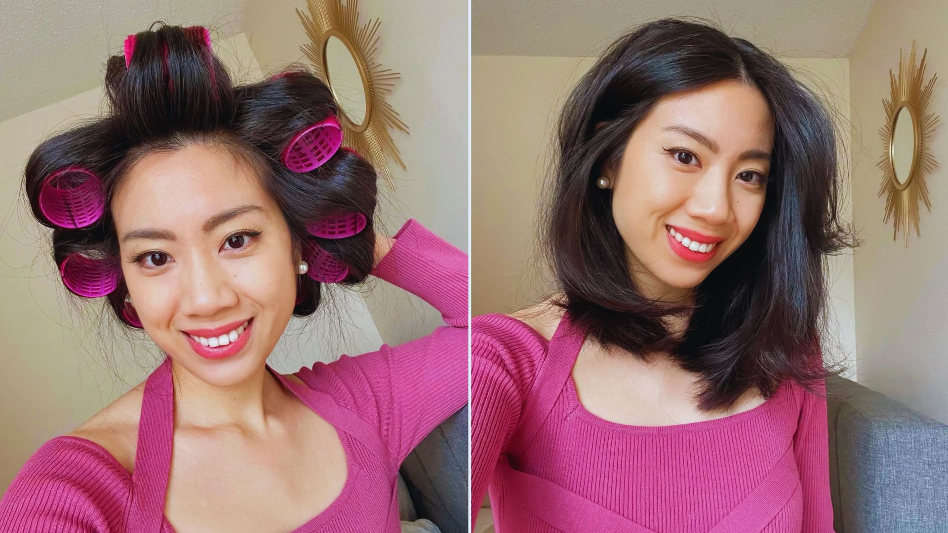 Two images of a woman with pink hair styled in rollers, showcasing her playful and vibrant hairstyle.