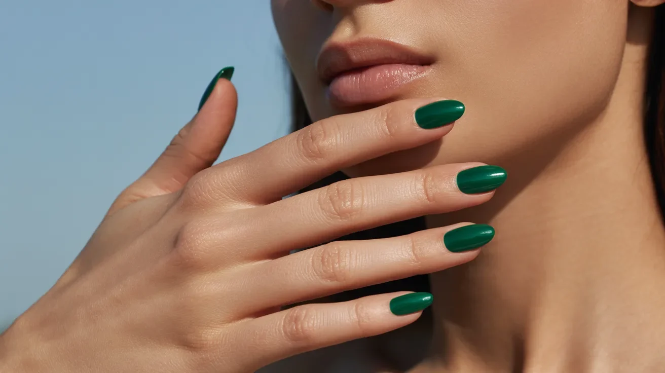 A woman displays her hands with green manicured nails and matching green nail polish.