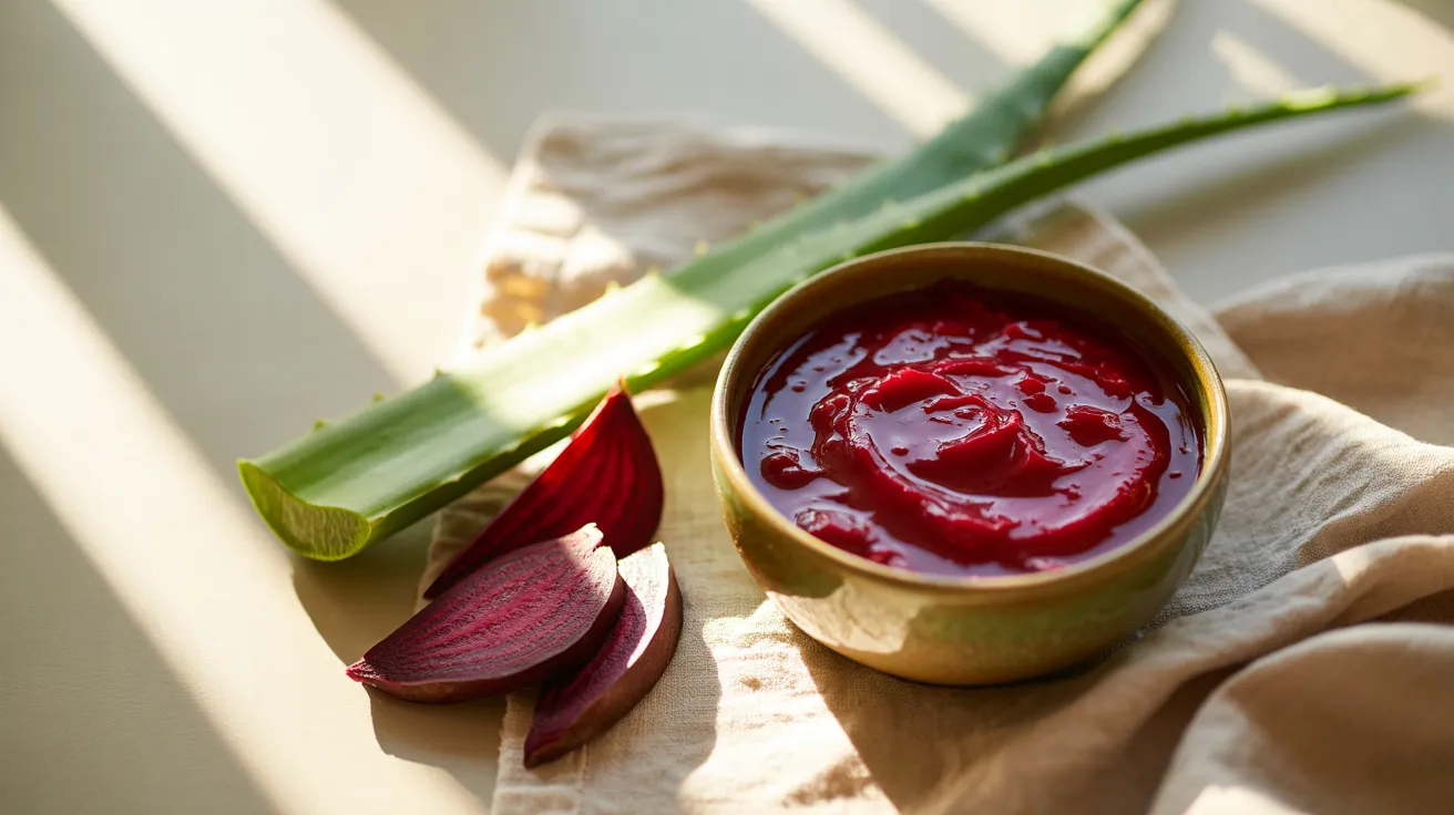 A bowl of vibrant red sauce beside a whole red onion on a neutral surface.