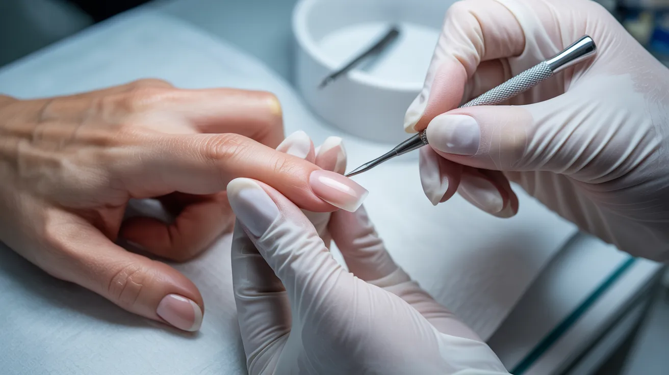 A person receiving a manicure, with a nail technician applying polish to their nails in a salon setting.