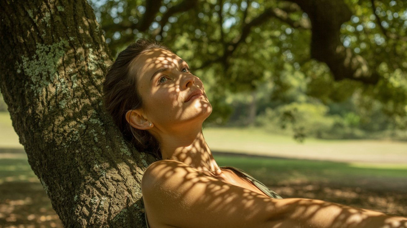 A woman leans against a tree, enjoying a moment of relaxation in a natural setting.