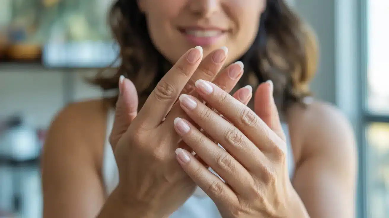 A woman holds her hands together, fingers interlaced, conveying a sense of contemplation or prayer.