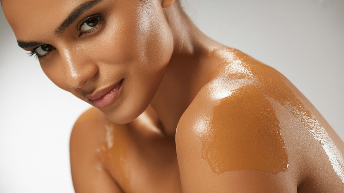A woman with a tan complexion applies tan body lotion to her skin, showcasing a healthy glow.