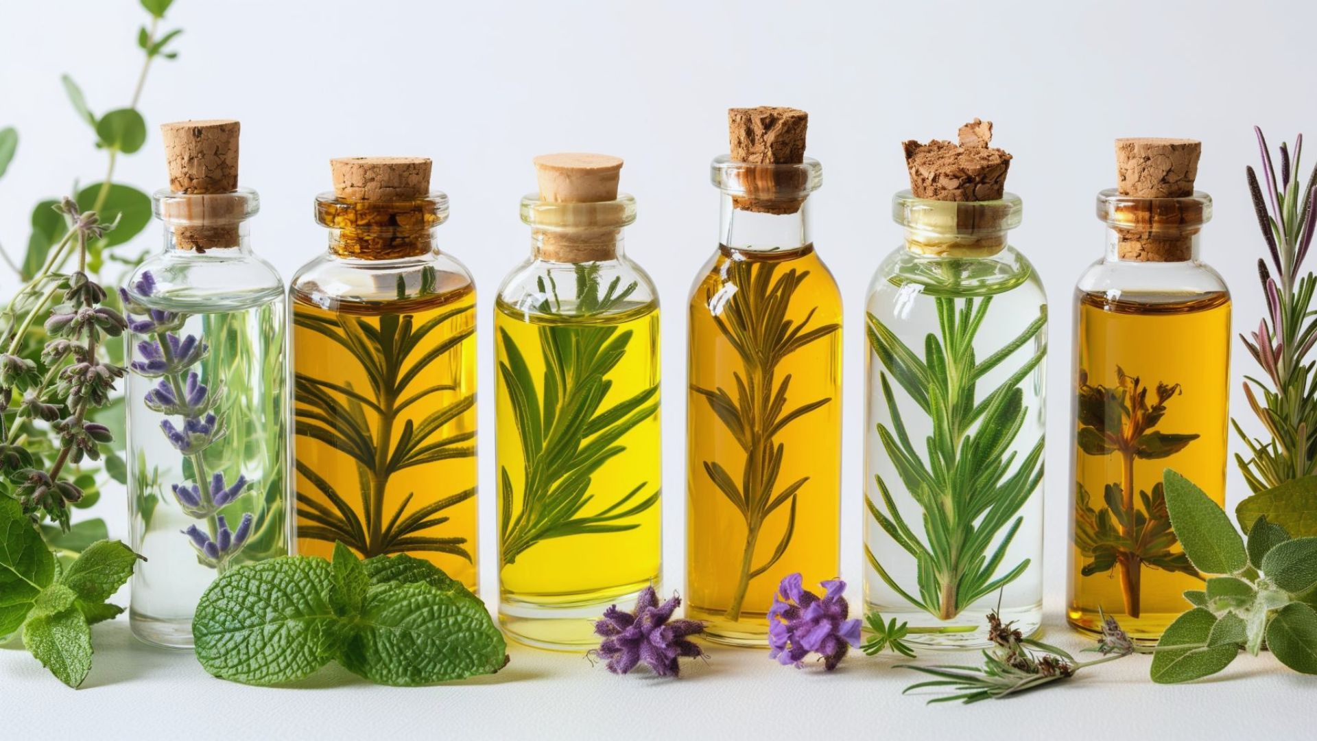 A collection of glass bottles filled with various herbs and essential oils arranged on a wooden surface.