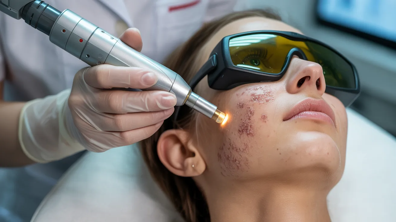 A woman receiving laser treatment on her face in a clinical setting, focused on skincare and rejuvenation.