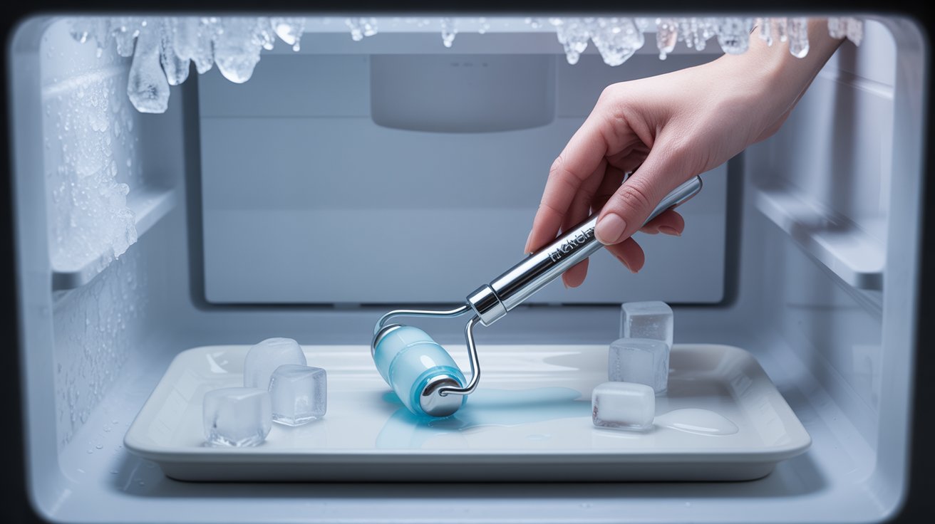A person scrapes ice from a tray using a blue ice scraper, demonstrating effective ice removal techniques.