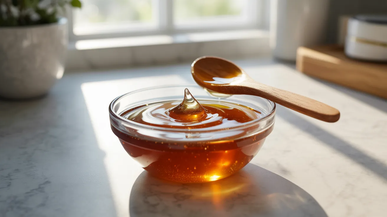 A bowl of honey with a wooden spoon resting inside, showcasing its golden color and smooth texture.