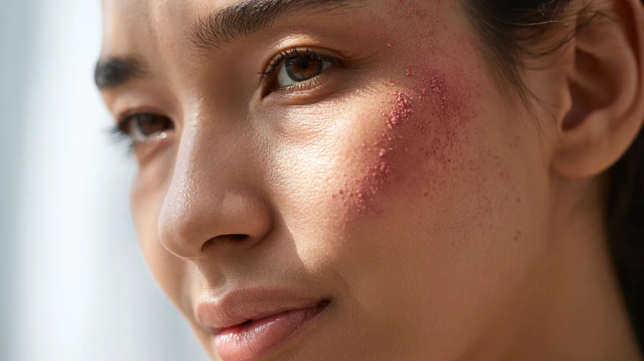 A woman with red skin on her face, displaying a unique and striking appearance.