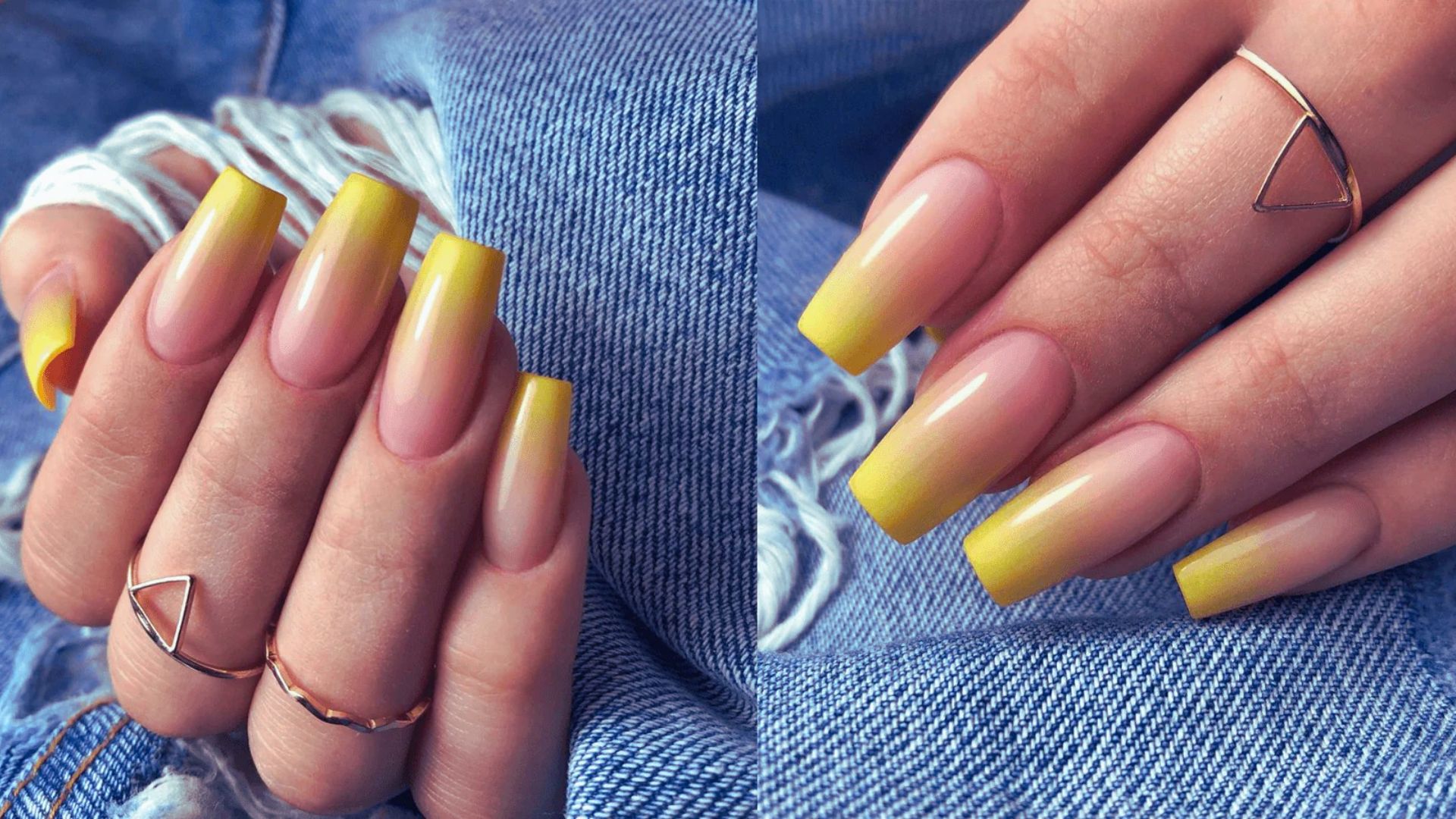 Two images of a woman showcasing her yellow nails and a decorative ring on her finger.