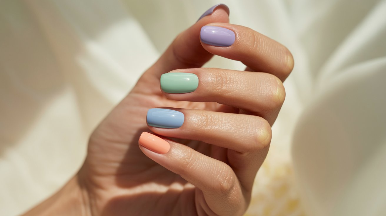A close-up of a woman's hand showcasing a vibrant, colorful manicure with various nail polish shades.