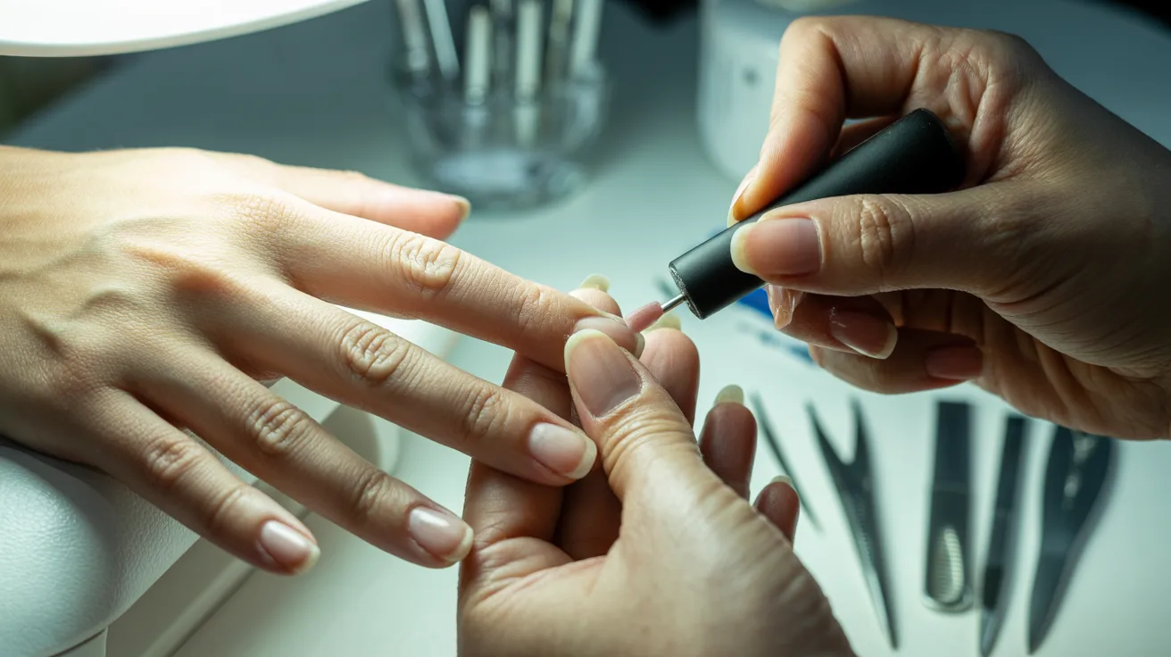 A person receiving a manicure, with vibrant nail polish being applied to their nails.