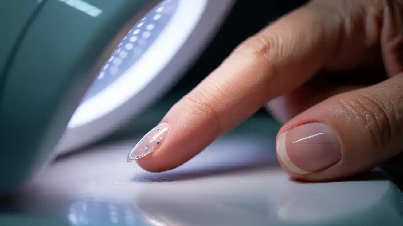 A person with a nail on their finger applying nail polish from a bottle.