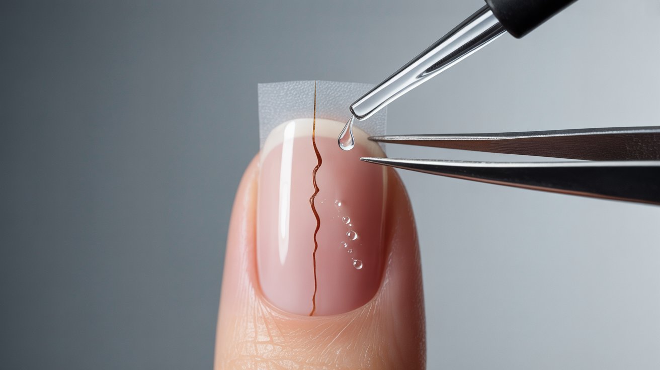 A person cutting a nail with scissors, focusing on precision and careful handling of the tool.