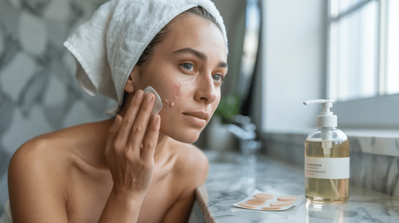 A woman wrapped in a towel applies a facial mask, focusing on her skincare routine in a bright bathroom setting.