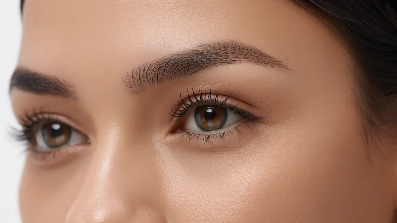 Close-up of a woman's face highlighting her expressive brown eyes and smooth skin.