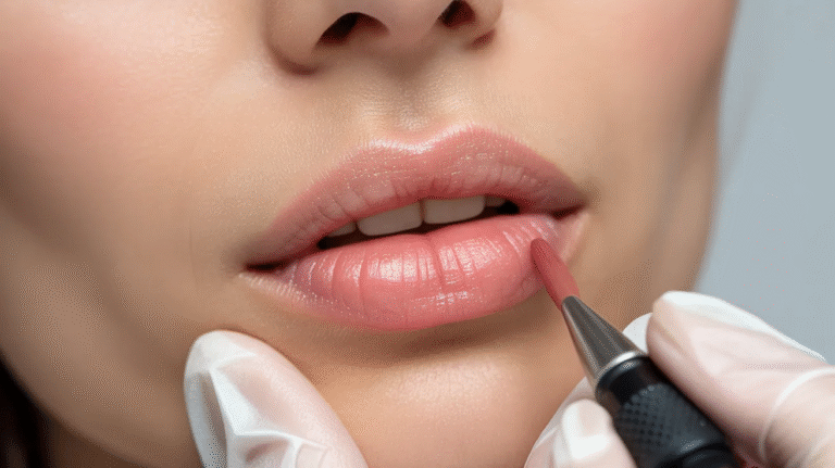 A woman applying lip color with a brush, enhancing her lips in a beauty treatment setting.