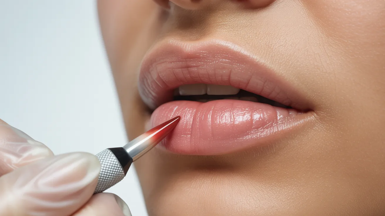 woman uses a red pen to outline her lips, simulating a cosmetic lip treatment.