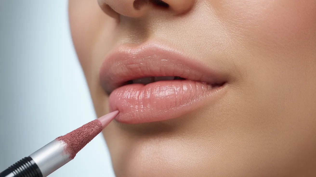 woman uses a red pen to outline her lips, simulating a cosmetic lip treatment.