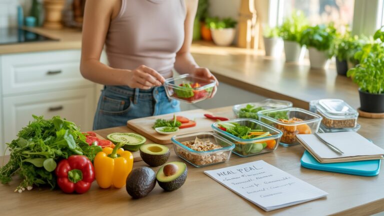 A woman prepares a meal, referencing a notebook while surrounded by various food ingredients.