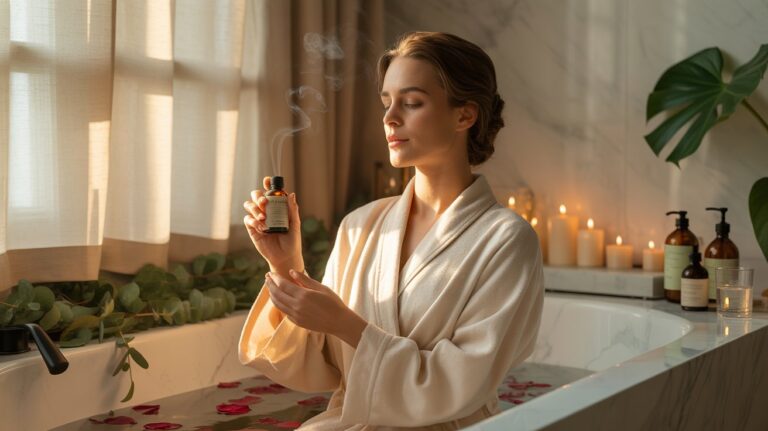 A woman in a bathrobe holds a candle to her nose, enjoying its scent in a cozy, serene setting.