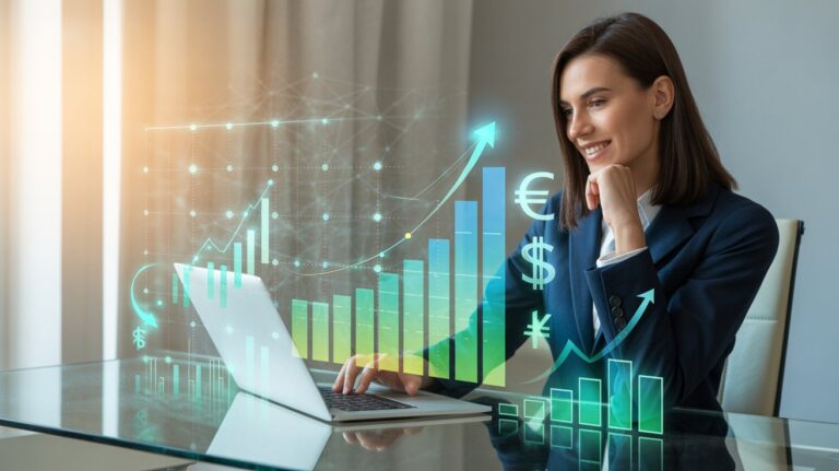 Businesswoman focused on her laptop, analyzing graphs and arrows to track performance metrics and trends.