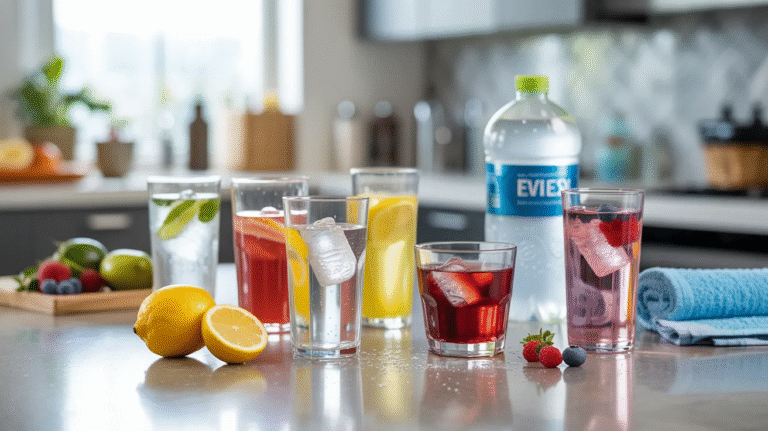 A counter displaying several glasses of water alongside an assortment of fresh fruit.