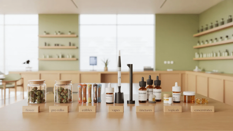 A table displaying various medicine bottles alongside other health-related items.