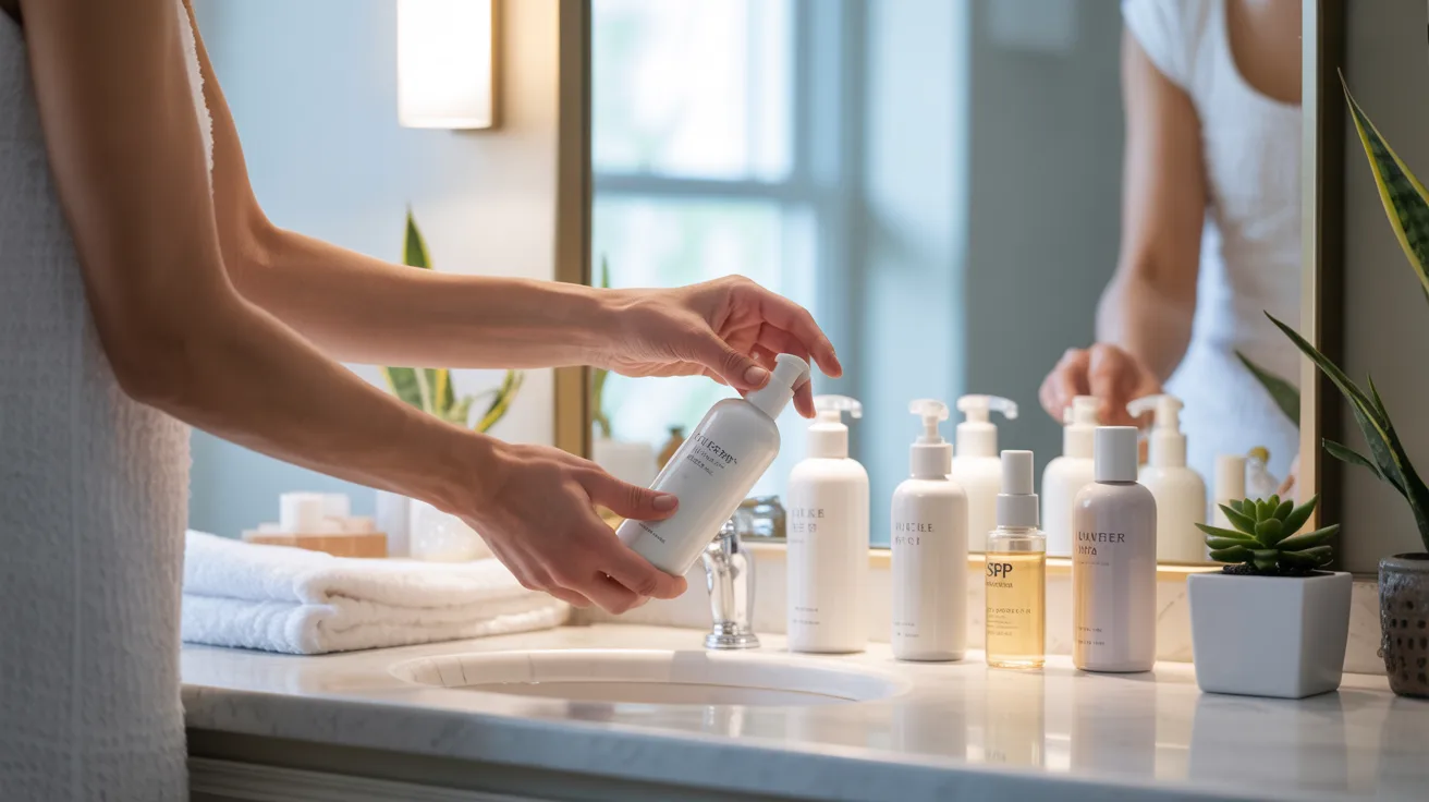 A woman applies lotion to her hands while standing in front of a bathroom sink.