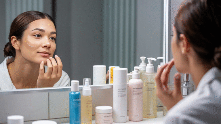 A woman gazes at her reflection in a mirror, examining her face with a thoughtful expression.