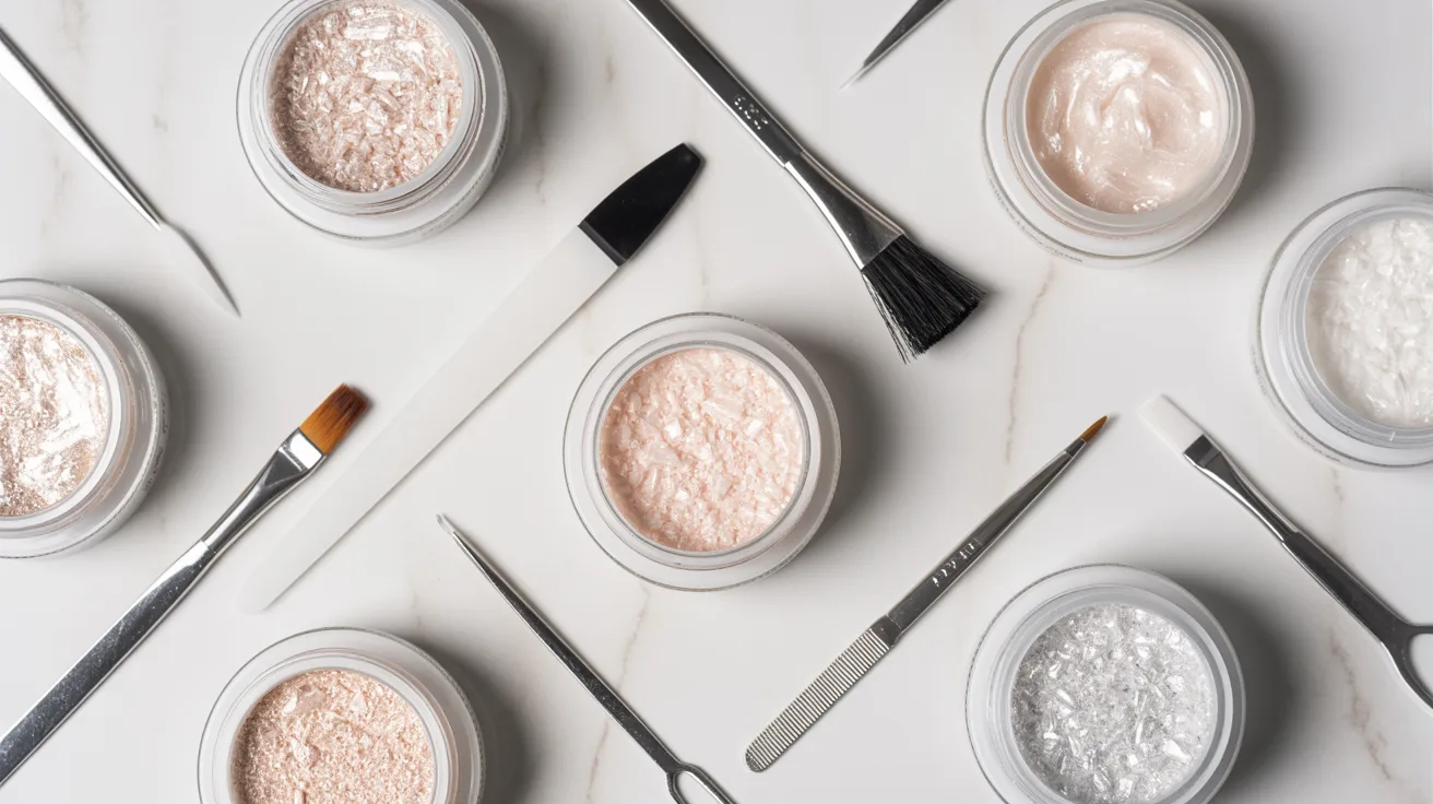 Jars of pastel nail powders and clear containers are arranged with metal cuticle tools, brushes, and files on a white marble surface, conveying a clean, professional salon vibe.