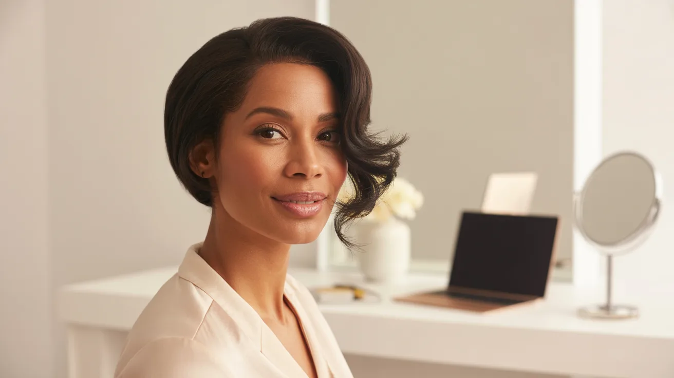 Realistic woman wearing a natural lace front glueless wig in a beauty studio reviewing its natural look and easy no-glue installation.